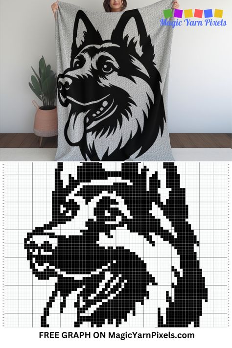 Create a beautiful  German Shepherd Afghan with this C2C crochet pattern. Give it as a gift or decoration in your living space. Download the free crochet graph from MagicYarnPixels. Written C2C and row-by-row patterns with multipage graph are also available. C2c Crochet Dog Pattern Free, C2c Crochet Graphgan, Crochet Graphgan Patterns Free Charts, Graphagram Crochet, Free Graphgan Patterns Crochet, Graphghans Crochet Patterns, Crochet C2c Pattern Free, Crochet Graphgan Patterns, C2c Graphgan Charts Free