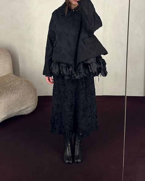 From Comme Des Garçons, the black jacquard taffeta jacket with floral detailing and ruffled layers. Worn here with the shaggy sheer tank dress from Song for the Mute and the Maison Margiela leather tabi boots. ⁠ ⁠ Taffeta Jacket, Tabi Boots, Style Moodboard, Comme Des Garcons, Tank Dress, The Black, My Style, Boots, Floral