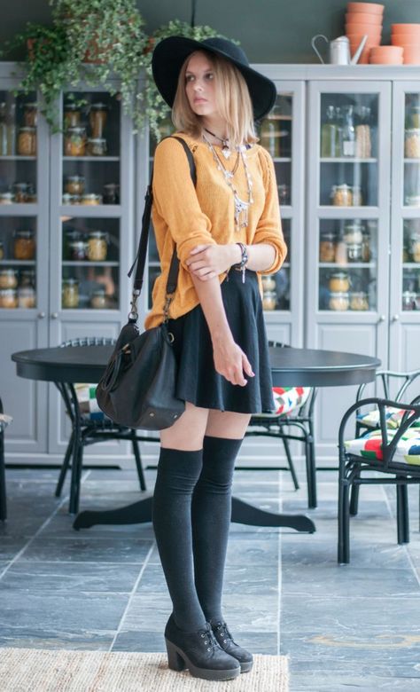 6 Sophisticated Ways To Wear Socks With Heels. Chic and edgy outfit options with socks and heels for transitional weather, the end of summer and the beginning of fall. Knee High Socks Outfit, Boheme Style, High Socks Outfits, Socks Outfit, Mustard Yellow Sweater, Pullovers Outfit, Style Festival, Black Skater Skirts, Sock Outfits