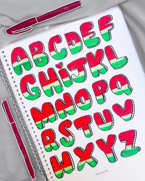 Watermelon Lettering, Doodle Notebook, Alfabet Font, Stationery Journal, Bond Paper Design, Alphabet Style, Graffiti Lettering Fonts, Hand Lettering Art, Notes Planner