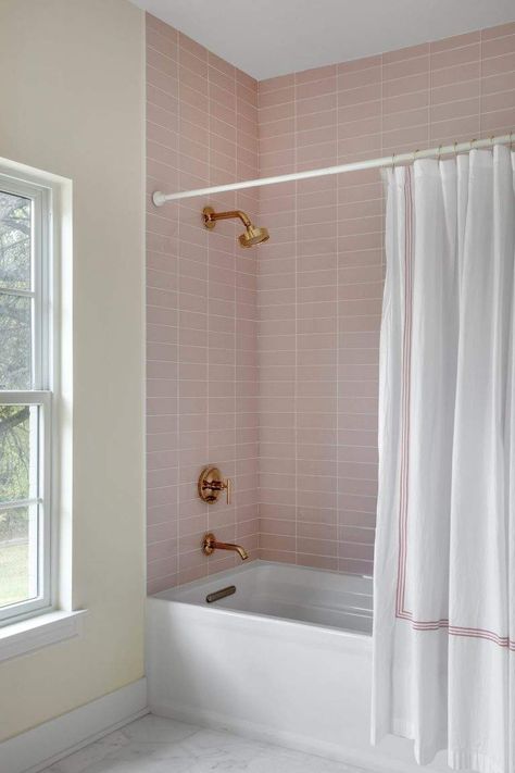 ETCH DESIGN GROUP AUSTIN TX ONION CREEK (28) Pink Subway Tile Bathroom, Bathroom Subway Tile Ideas, Pink Subway Tile, Dark Brown Hardwood Floors, Pink Tile Bathroom, Shower Curtain Ideas, Stylish Shower Curtain, Waffle Weave Shower Curtain, Subway Tiles Bathroom