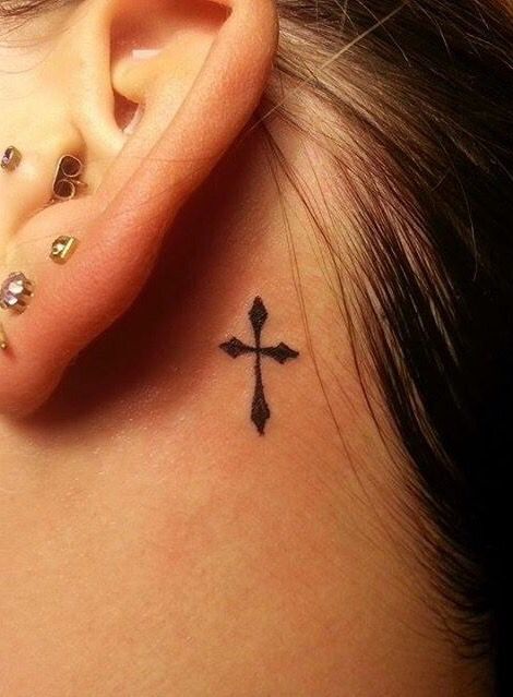 Cross behind ear tattoo Crosses Behind Ear Tattoo, Neck Cross Tattoos Women, Behind The Ear Tattoo Ideas Christian, Behind The Ear Tattoo Ideas Cross, Cross Tattoos For Women Behind The Ear, Small Cross Tattoo Behind Ear, Cross Behind The Ear Tattoo, Cross Ear Tattoo, Behind Ear Cross Tattoo