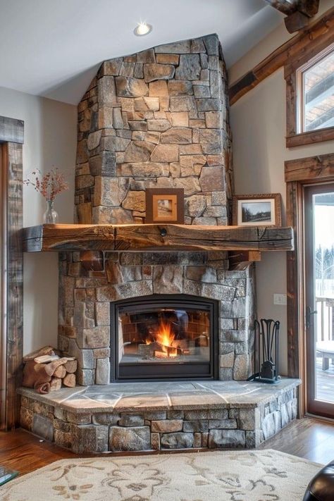 Corner Fireplace With Wood Mantle, Wood Burning Fire Places Ideas Living Room, Corner Fireplace Barndominium, Corner Fireplace With Wood Storage, Fireplace Designs Modern, Corner Fireplace Design, Corner Stone Fireplace, Corner Wood Stove, Rustic Farmhouse Fireplace