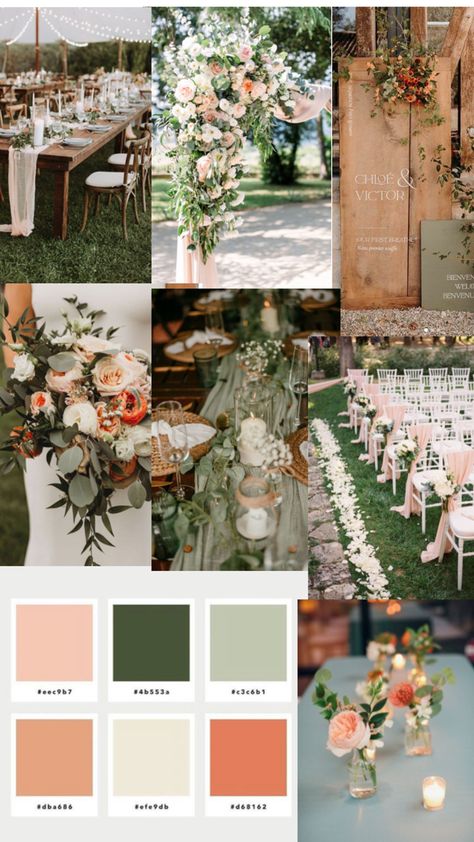 Pistachio Wedding Colors, Hunter Green And Peach Wedding, Blush Pink Wedding Theme Color Schemes, Peach And Forest Green Wedding, Peach And Dark Green Wedding, Sage And Salmon Wedding, Peach Green Wedding Theme, Olive Green And Peach Wedding, Green Spring Wedding Colors