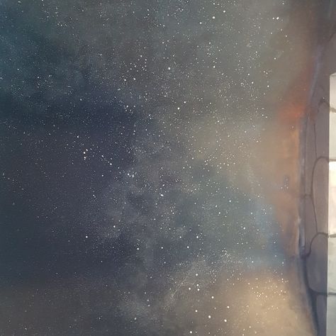 Hand painted, night sky, ceiling mural Night Sky On Ceiling, Celestial Ceiling Bedroom, Roof Painting Ideas Ceilings, Starry Sky Ceiling, Ceiling Aesthetic, Sky Ceiling Diy, Star Ceiling Wallpaper, Starlight Ceiling Bedroom, Bedroom Ceiling Night Sky