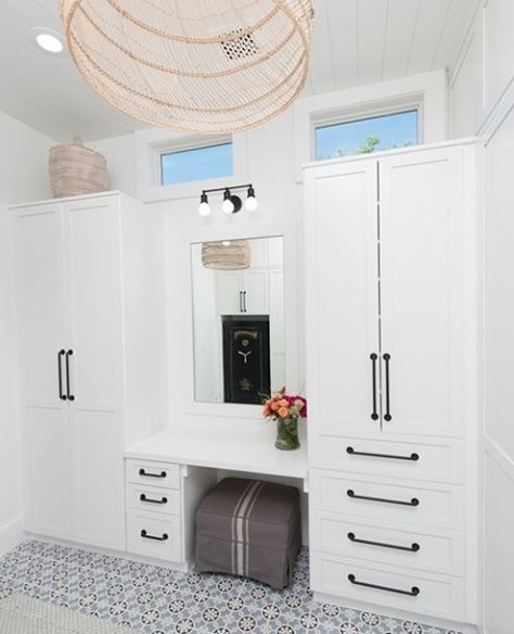 Modern Closet With Vanity Built In, Master Closet Makeup Vanity, Built In Vanity With Storage, Vanity With Closet Ideas, Vanity Cabinet Bedroom, Built In Cabinets Bedroom With Vanity, Build In Vanity In Closet, Vanity Between Closets, Closet Organization With Vanity