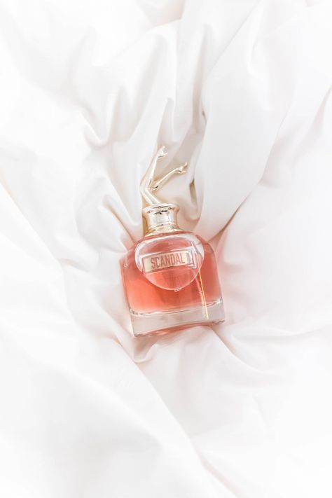 Scandal Perfume Aesthetic, Scandal Perfume, Jean Paul Gaultier Scandal, White Tip Nails, Perfume Photography, Luxury Perfumes, Pink Perfume, Sydney Sweeney, White Tip