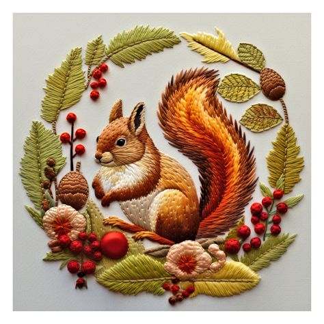 "A delightful embroidery pattern digital print featuring red squirrel with holly designs. This high-quality image is available for instant download, you will receive one JPG, full colored. the JPG file is 20\"x20\"\" 300dpi (6000x6000px). You can print it as one large wall art up to 20\"x20\" or print into smaller sizes for your need.  Please note that the files are in full colors, not line drawing. You can transfer the out lines of the image to the fabric, then you are ready to create a beautif Squirrel Embroidery Pattern, Large Embroidery Wall Art, Embroidery On Red Fabric, Squirrel Embroidery, Xmas Wall Art, Diy Hand Embroidery, Squirrel Art, Embroidery Wall Art, Digital Embroidery Patterns