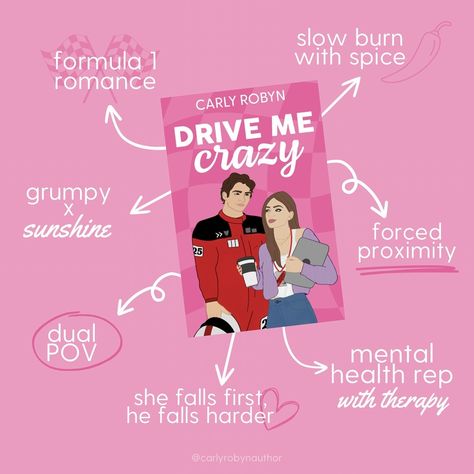 THE DRIVE ME CRAZY TROPES 🩷 🏎️ formula 1 / sports romances 🌦️ grumpy x sunshine 🤝 forced proximity 💭 mental health representation (& therapy) 🌶️ slow-burn with open door spice 😂 alllllll of the banter 👫 dual POV 🕶️ amazing side characters / bromance 💖 heat, heart, & humor AVAILABLE NOW ON KU! 🏷️: #sportsromance #romancebooks #f1romance #romanceauthor #f1books #sportsromancebooks #romcombooks #spicyromancebooks F1 Romance Books, Slow Burn Romance Books, F1 Books, Websites To Read Books, Sports Romance Books, Grumpy X Sunshine, Book Tropes, Romcom Books, Romance Books Worth Reading