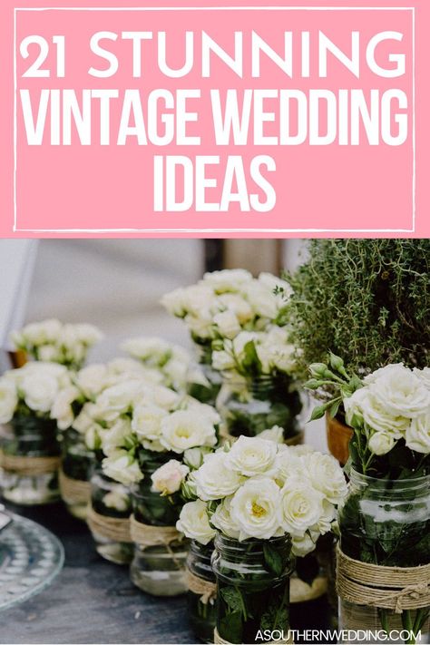 Plan a dreamy vintage wedding with these 21 awesome vintage wedding ideas! From old Hollywood glam to the roaring 20s, there's a little inspiration for every vintage bride! #vintagewedding #vintagebride #vintageweddingideas #vintageweddingdecor #vintageweddinginspiration #vintageweddinginspo #vintagebridal #vintageweddingdress #birdcageveil #vintageveil #1920swedding #1950swedding Cheap Vintage Wedding Ideas, French Vintage Wedding Decor, Victorian Vintage Wedding Ideas, Antique Themed Wedding, Vintage Wedding Vibes, Vintage Chic Wedding Decor, Antique Wedding Theme, 1940s Wedding Theme, Vintage Spring Wedding