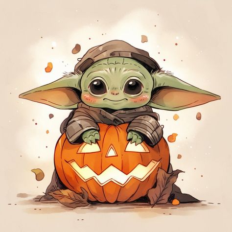 Star Wars Yoda Drawing, Star Wars Halloween Wallpaper, Baby Yoda Wallpaper Aesthetic, Grogu Drawing, Baby Yoda And Mando, Baby Yoda Painting, Kawaii Star Wars, Grogu Art, Grogu Wallpaper