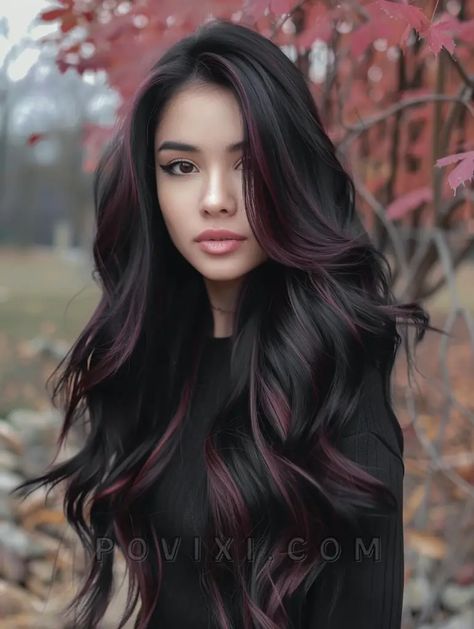 Long Layered Balayage Hair Blonde, Hair Styles Black Hair Color, Black Dye Hairstyles, Jet Black Hair With Balayage, Hair Color For Professional Women, Black Hair Long Hairstyles, Burgundy Balayage Long Hair, Highlight Color For Black Hair, Black And Burgundy Balayage