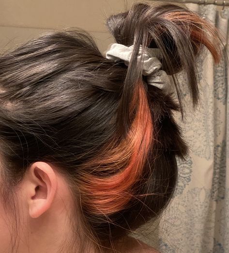 Color Streak In Hair, Dyed Hair Brunette, Dyed Hair Streaks, Orange Dyed Hair, Streak In Hair, Dyed Hair For Brunettes, Blonde Brown Hair Color, Purple Hair Streaks, Purple Blonde Hair