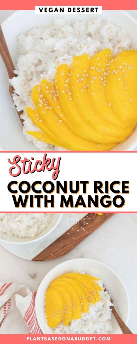 This simple, delicious Sticky Rice with Mango recipe will take you straight to a warm beach in Thailand! Our favorite part of this dessert is that there’s no baking required. You just cook the rice in a pot according to its instructions, add the coconut milk and sugar and let it cool down. Top with fresh, sweet, and juicy sliced mango, and voila! In just 3 simple steps, you can have a dessert that’s creamy, affordable, and so fruity. Mango Coconut Sticky Rice, Sticky Coconut Rice, Thai Mango Sticky Rice, Sticky Rice With Mango, Rice With Mango, Coconut Sticky Rice, Plant Based Dessert Recipes, Beach In Thailand, Mango Recipe