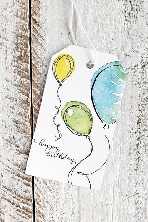 Add cheerful color to any birthday gift with watercolor birthday gift tags. Name Tags For Table, Balloons Gift, Watercolor Birthday Cards, Painting Birthday, Birthday Card Drawing, Birthday Card Craft, Watercolor Beginner, Birthday Gift Tags, Watercolor Birthday