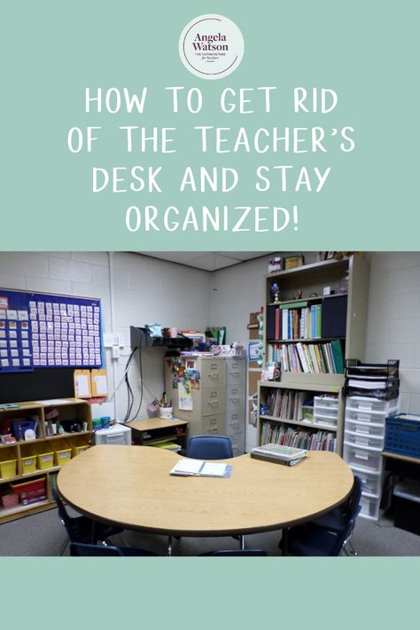 Lots of teachers are dumping their desks to make more space for student learning. While there’s certainly nothing wrong with having a teacher’s desk in your classroom (I was never bold enough to get rid of mine!), some teachers don’t want a desk because it takes up so much room, attracts clutter, and rarely gets used because teachers never have time to sit down! The big question, though, is HOW do you do it? #tipsforteachers #classroomorganization #classroomideas Teacher Desk With Kidney Table, Teacher Computer Desk, Alternative Teacher Desk Ideas, Teacher Desk Ideas Work Spaces, No Desk Classroom Teachers, Classroom Without Teacher Desk, Organize Teacher Desk, Classroom Desk Organization Student, Classroom Teacher Desk Setup