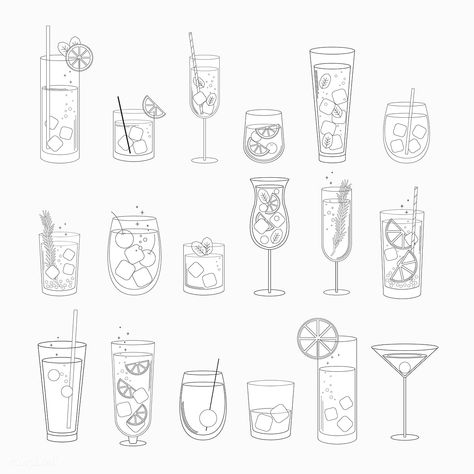 Vector of a beverage | free image by rawpixel.com Drawing Of Cocktail, Cocktail Tattoo Ideas, Cocktail Line Drawing, Cocktail Line Art, Draw Cocktail, Bar Tattoo Ideas, Cocktail Glass Drawing, Cocktail Tattoo Small, Mixology Tattoo