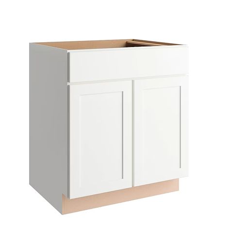 Project Source Conway 30-in W x 34.5-in H x 24-in D White Sink Base Fully Assembled Cabinet (Recessed Panel Shaker Door Style) in the Kitchen Cabinets department at Lowes.com Cabinet Trends, Stock Kitchen Cabinets, Kitchen Cabinet Trends, Unique Kitchen Design, Shaker Door Styles, Kitchen Base Cabinets, Budget Kitchen Remodel, Cabinet Options, Laundry Cabinets