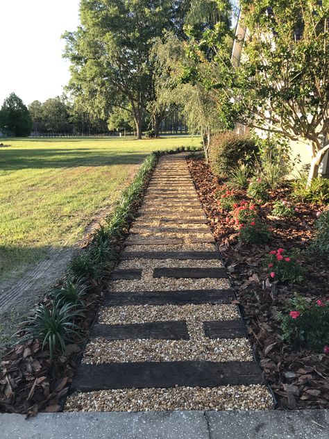 Railroad ties Railroad Ties Walkway, Railroad Tie Edging, Old Railroad Ties Ideas, Railroad Tie Walkway, Railway Ties Landscaping, Railroad Ties Landscaping Border, Cross Ties Landscaping, Railroad Tie Driveway Edging, Railroad Ties Ideas