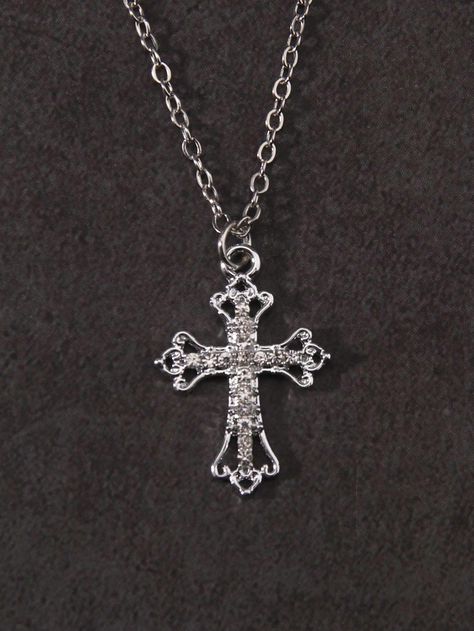 Silver  Collar  Titanium Alloy   Embellished   Women Fashion Jewelry Cross Clothes, Cross Necklace Aesthetic, Chunky Cross Necklace, Cross Charm Necklace, Dating Gifts, Stile Hip Hop, Y2k Necklace, Cross Necklaces, Silver Cross Necklace