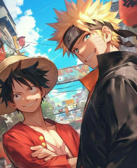 Luffy And Naruto Wallpaper, Naruto Luffy Wallpaper, Anime Crossover Wallpaper Fan Art, Luffy Smile Wallpaper, Luffy X Naruto, Luffy And Naruto, Anime 3 Best Friends, Naruto And One Piece, Naruto Smile