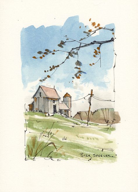 Fall farm | Peter Sheeler | Flickr Peter Sheeler, Line And Wash, Farmhouse Paintings, Pen And Wash, Watercolor Lessons, Cat Air, Seni Cat Air, 수채화 그림, Watercolor Art Lessons