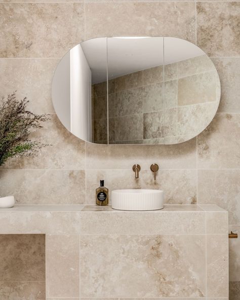 Get in touch to find out more: info@tumbled.com.au Beige Stone Tile Bathroom, Cream Tiles Bathroom, Beige Bathroom Countertop, Stone Bathrooms, Cream Tiles, Stone Tile Bathroom, Travertine Bathroom, Natural Stone Bathroom, Cream Tile