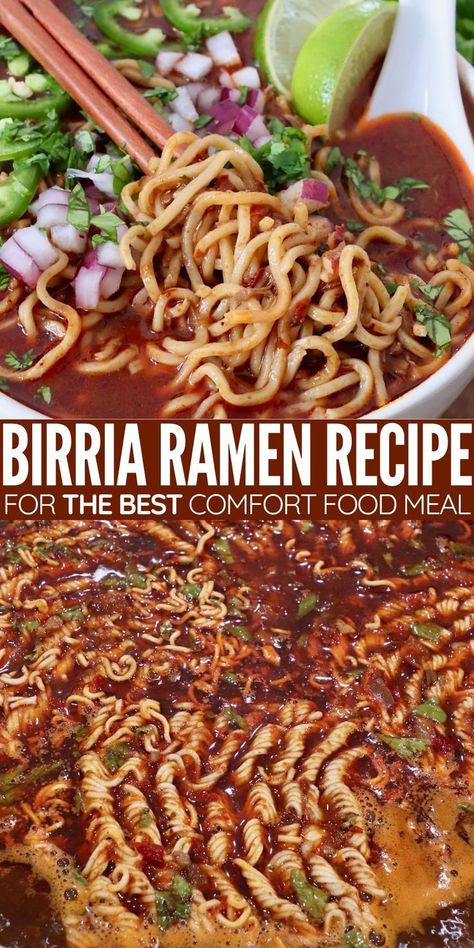 ramen noodles in birria broth in large pot and in bowl with chopsticks Birria Noodle Bowl, Ramen Birria Recipes, Birria Ramen Recipe, Instant Pot Ramen, Top Ramen Recipes, Birria Ramen, Ramen Noodle Recipes Soup, Ramen Pho, Beef Birria