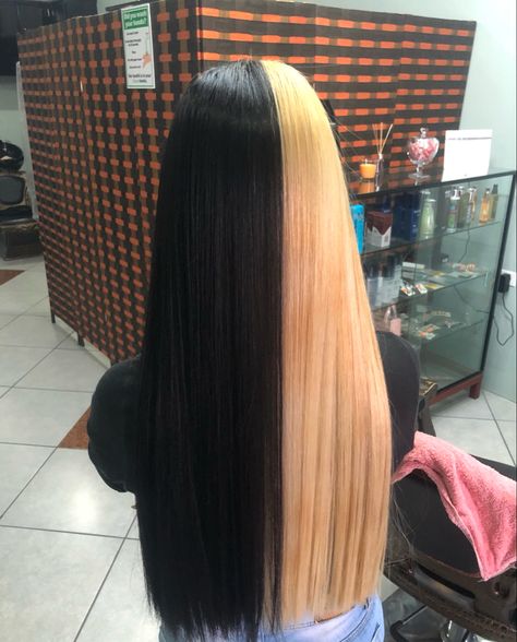 Black Blonde Split Dye, Split Dye Black And Blonde, Half N Half Hair Color, Split Dyed Hair Black And Blonde, Black And Blonde Split Dye, Red And Blonde Split Dye, Half Brown Half Blonde Hair Split, Blonde Split Dye, Half Black Half Blonde Hair