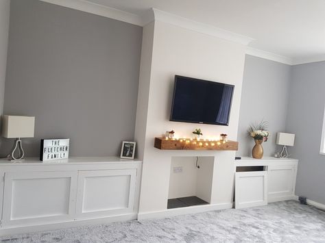 Grey and white living room alcove - alcove cabinet, tv on chimney breast , railway sleeper shelf - diy cabinets Sleeper Shelf, Living Room Alcove, Diy Chimney, Grey And White Living Room, Alcove Ideas Living Room, Alcove Cabinets, House Storage, New House Living Room, Shelf Diy