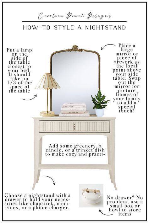 How to Decorate Your Nightstand – Caroline Roach Designs Style your nightstand, modern bedroom design, modern style Decorating Ideas For Night Stand, Decorate Bedside Table Night Stands, Big Bedside Table Ideas, Bohemian Nightstand Decor, Wide Nightstand Master Bedrooms, Night Stand Ideas Decor, Big Bedside Tables, How To Style Nightstand, Creative Nightstand Ideas