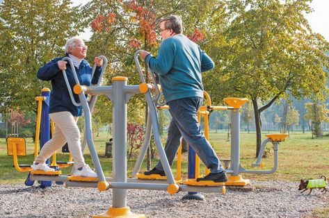 Playgrounds For The Elderly Boost Activity And Decrease Loneliness People Activity, Park Activities, Photo Glamour, Fitness Park, Adult Playground, Recumbent Bicycle, Outdoor Fitness Equipment, Station Activities, Outdoor Park