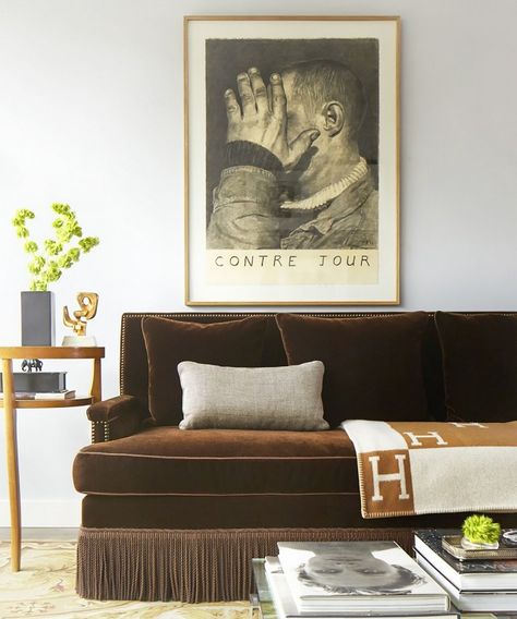 This sofa is amazing  | MyDomaine Brown Velvet Sofa, Salons Cottage, Dark Brown Couch Living Room, Brown And Cream Living Room, Dark Brown Couch, Brown Walls Living Room, Dark Brown Sofas, Brown Sofa Living Room, Brown Living Room Decor