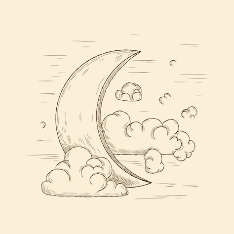 Crescent Moon Drawing, Nostalgic Illustration, Clouds Illustration, Moon And Clouds, Cloud Illustration, Space Drawings, Animal Drawings Sketches, Procreate Ipad Art, Moon Clouds