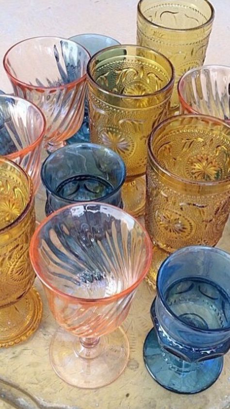 Fun Drink Glasses, Mediterranean Dishware, Thrifted Cups, Mismatch Plates, Thrifted Glassware, Colorful Drinking Glasses, Mismatched Glasses, Mismatched Dinnerware, Mismatched Glassware