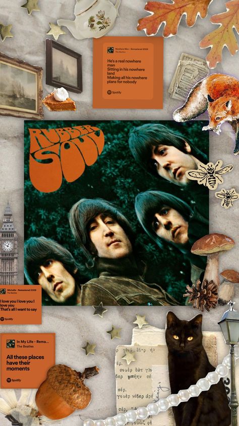 Rubber Soul- The Beatles 🍂🎧☕ #Thebeatles #beatles #music #60smusic #60s #rock #classicrock #rubbersoul #album #aesthetic #collage #fall #autumn #orange Rubber Soul Wallpaper, Beatles Wallpaper, Nowhere Man, John Lennon Paul Mccartney, 60s Rock, Album Aesthetic, George Martin, Beatles Music, Rubber Soul