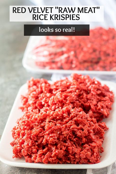 Give your rice krispie treats a spooky upgrade and make these red velvet "raw meat" rice krispie treats! It only takes a few ingredients and a few minutes to put together these tasty Halloween treats but your guests won't forget them! | www.persnicketyplates.com Halloween Edible Crafts, Gross Halloween Foods, Halloween Rice Krispies, Halloween Rice Krispie Treats, Pumpkin Chip, Halloween Food Ideas, Spooky Halloween Treats, Red Velvet Cake Mix, Halloween Party Dinner