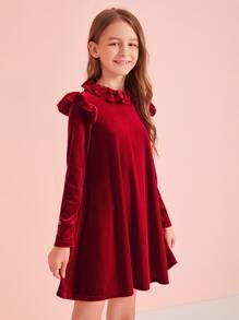 Girls Keyhole Back Ruffle Detail Velvet Dress 15.00 USD Cord Pinafore Dress, Girls Velvet Dress, Cord Dress, Kids Frocks Design, Girls Frock Design, Kids Frocks, Baby Frocks Designs