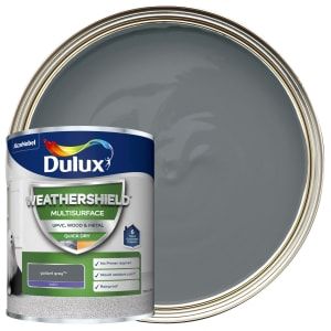 Dulux Weathershield Multi Surface Quick Dry Satin is a water-based finish that can be used on exterior wood, metal and uPVC and guarantees 6 year weather protection. The weatherproof paint film is mould resistant to minimise staining and flexible to prevent cracking. This keeps your paintwork looking better for longer compared to conventional Dulux paints. Exterior Wood Trim, Dulux Weathershield, Painted Brick House, Masonry Paint, Dulux Paint, Shed Colours, Door Paint Colors, Grey Paint, Gloss Paint