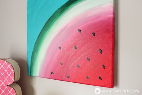 Watermelon canvas art featuring @Decoart_inc Americana Premium Paints | spotofteadesigns.com Watermelon Painting, Summer Watermelon, Sweet Summer, The Wall, Watermelon, Canvas Art, Canvas, Wall, Pink