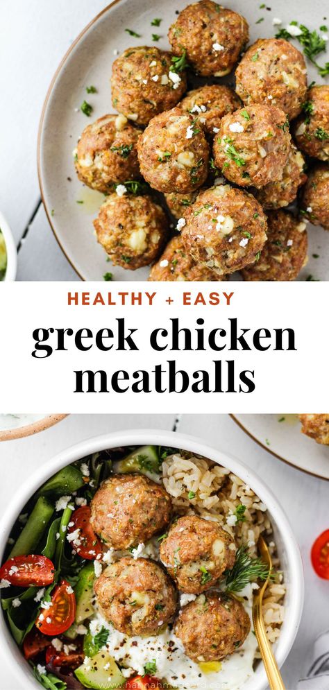 You’re going to fall in love these flavourful, juicy Greek Chicken Meatballs that are great for meal prep! Pair them with homemade tzatziki, rice, and veggies for a delicious lunch or healthy dinner. #healthydinner #mealprep #healthymealprep #greekchickenmeatballs #greekmeatballs #meatballs #chickenmeatballs #chicken #healthymeals #tzatziki #homemade Greek Chicken Meatballs With Homemade Tzatziki, Mediterranean Recipes Meatballs, Meal Prep Meatballs Healthy, Meat For Meal Prep, Healthy Greek Meal Prep, Meditterean Chicken Meatballs, Chicken Meatball Pitas, Rotisserie Chicken Meatballs, Middle Eastern Chicken Meatballs