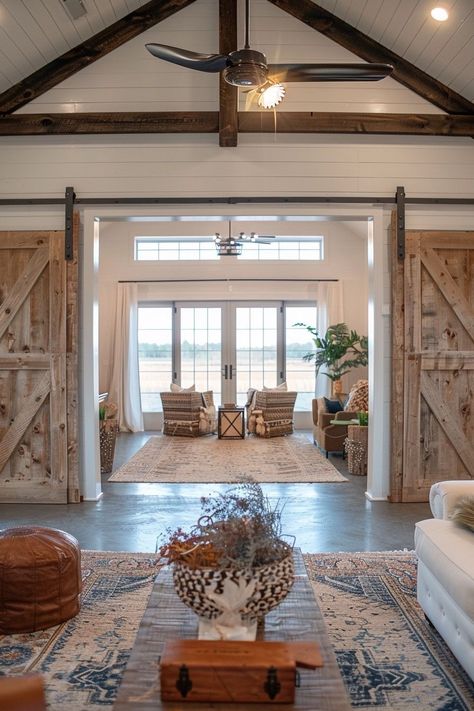 Barndominium Front Entrance, Modern Farmhouse Barndominium Interior, Modern Barndominium Ideas Interiors, White Barndominium Exterior, Barndominium Inspiration, Tiny Barndominium, Barndominium Exterior Ideas, White Barndominium, Barndominium Farmhouse