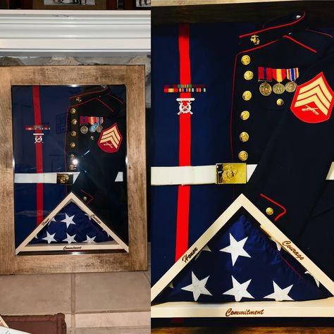 A custom made display box with a flag case built inside. With the help of a friend, I was able to put my ideas to work; displaying the uniform, ribbons and medals without having to cut the uniform or ruin it in anyways. Cork board and sewing it to a matte board was key! #military #usmc #marinecorps #displaycase #usa Marine Corps Shadow Box Display, Dress Blues Marines, Marine Corps Dress Blues, Marines Uniform, Dress Blues, In Memory Of Dad, A Flag, Blue Box, Box Ideas