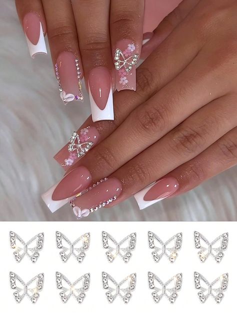 Nail Designs With Rhinestones Bling, Diamond Nail Designs Rhinestones, Nails With Diamonds Rhinestones, Nail Inspo Butterfly, Flower Quince, Nail Art Diamonds, Nude Acrylics, Diamond Nail Designs, Diamond Nail Art