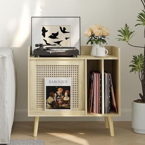 Amazon.com: Semiocthome Record Player Stand with Vinyl Storage, Record Player Table with Rattan Cabinet Door, Vinyl Record Holder with Display Area, Side Table with Solid Wood Legs for Turntables for Living Room : Home & Kitchen Small Record Table, Vintage Record Player Stand, Vinyl Record Table, Record Player Setup, Vinyl Record Furniture, Record Player Table, Living Arrangements, Rattan Door, Rattan Cabinet