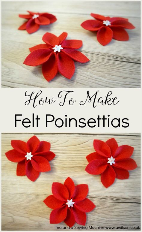 how to make felt poinsettias Diy Felt Poinsettia, Felt Crafts Flowers, Felt Flower Template, Felt Flowers Patterns, Eco Christmas, Felt Flower Wreaths, Christmas Decs, Felt Flowers Diy, Felt Crafts Christmas