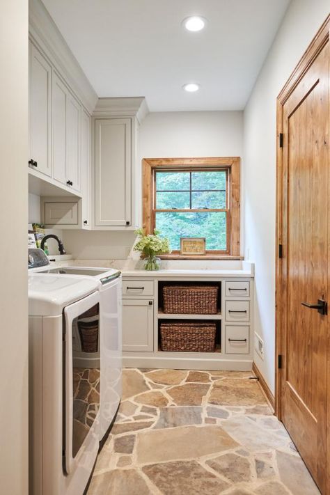 Rustic, White Cottage-Style Laundry Room With Stone Floors | HGTV Stone Home Renovation, Rock Floor Kitchen, Laundry Room Stone Floor, Stone Laundry Room Floor, Farmhouse Mudroom Floor, Stone Wall Laundry Room, Mudroom Flooring Ideas Farmhouse Style, Stone Floor Laundry Room, Natural Stone Flooring Kitchen