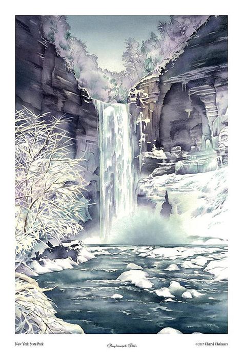 Taughannock Falls, Ithaca NY, Watercolor, Winter, Christmas Gift, Finger Lakes, Snow Scene, Landscape, 12" x 18" Print by Cheryl Chalmers Ice Drawing, Taughannock Falls, Waterfall Paintings, Mountain Waterfall, Winter Lake, Waterfall Art, Ithaca Ny, Watercolor Winter, Winter Watercolor