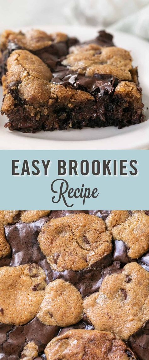 Brookies are the best of both worlds - cookies and brownies combined into one delicious dessert! This easy brookie recipe is perfect for any occasion. Whether you're serving a crowd or just want to indulge in sweet treats, these brookies will hit the spot! A warm, gooey chocolate brownie baked with a classic chocolate chip cookie! Truly the ultimate treat! #brookies #brownies #brookie Gooey Desserts Easy, Crockpot Chocolate Chip Cookie Brownie, Brookie Crockpot Dessert, Crockpot Brookies, Brownies And Cookies Together, How To Make Brookies, Brookies Recipe With Box Brownies, Brookies Recipe Cookie Brownies, Brownies For A Crowd