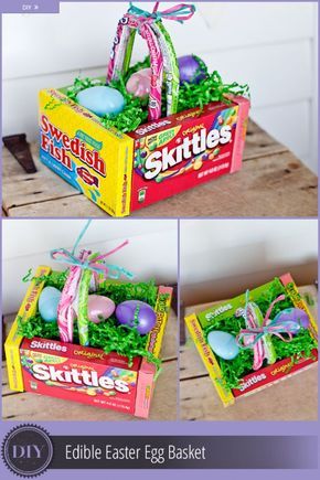 Make an Easter basket from boxes of candy! This is such a cool way to give an Easter gift! #easter #candy #easterbasket #eastergift #eastercandy #eastercandybasket #ediblegifts Edible Easter Basket, Unique Easter Baskets, Easter Baskets To Make, Candy Easter Basket, Diy Edible, Easter Egg Basket, Easter Goodies, Diy Ostern, Unique Easter